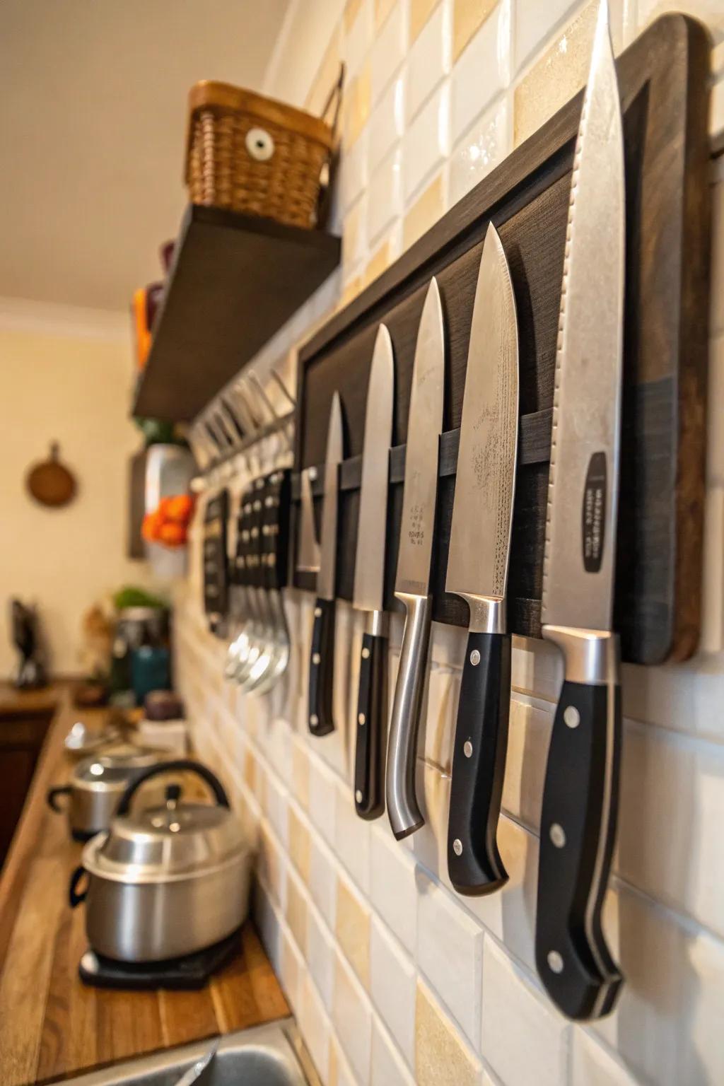 Magnetic strips keep your knives accessible and counters clear.