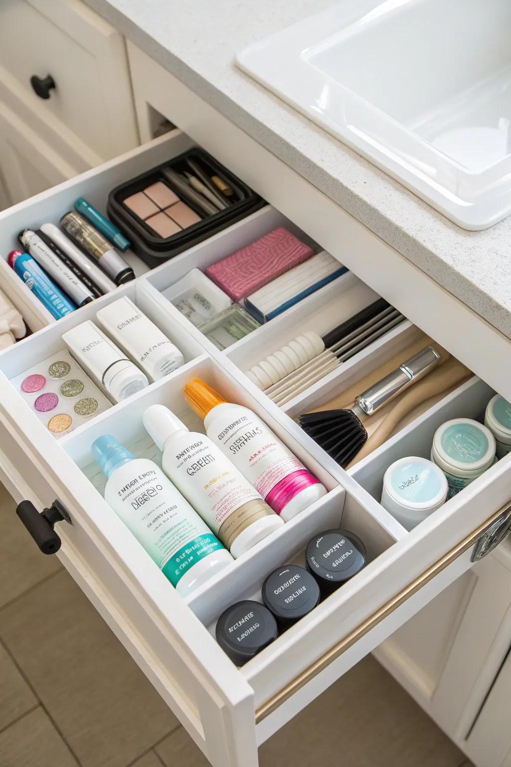 A bathroom drawer with toiletries and cosmetics grouped by category for easy access.