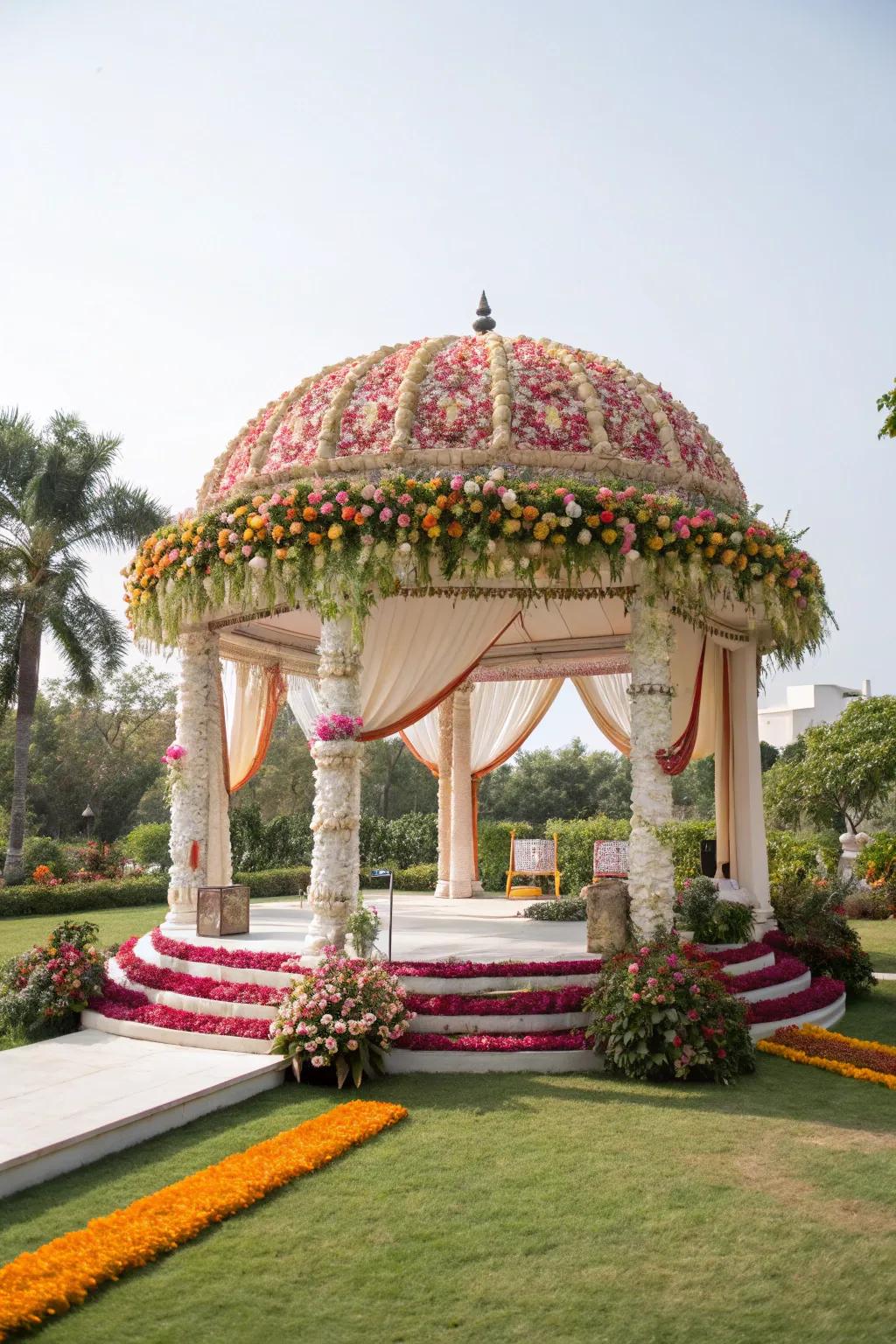 A floral dome transforms the space into a magical garden.