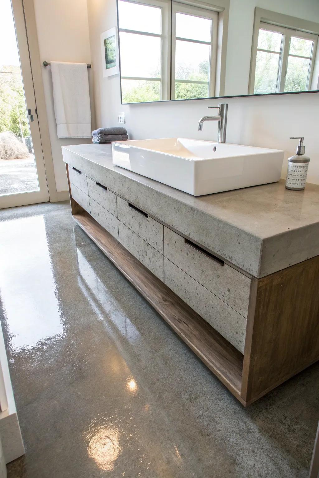 Concrete surfaces add texture and style to this industrial bathroom.