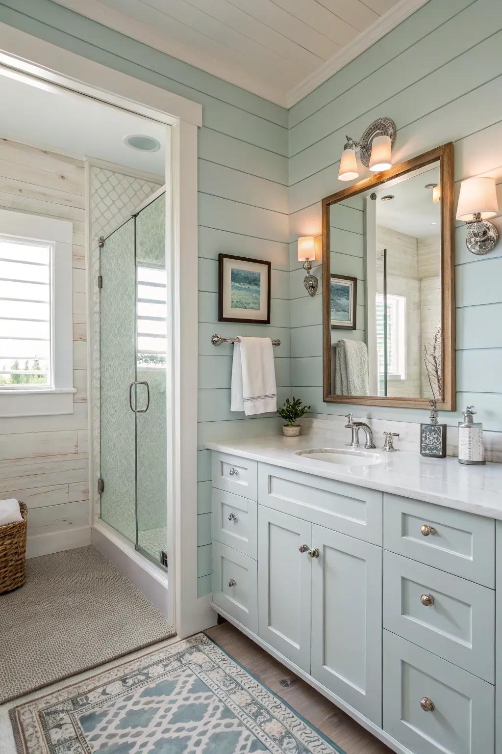 Shiplap adds a coastal charm to your bathroom shower.