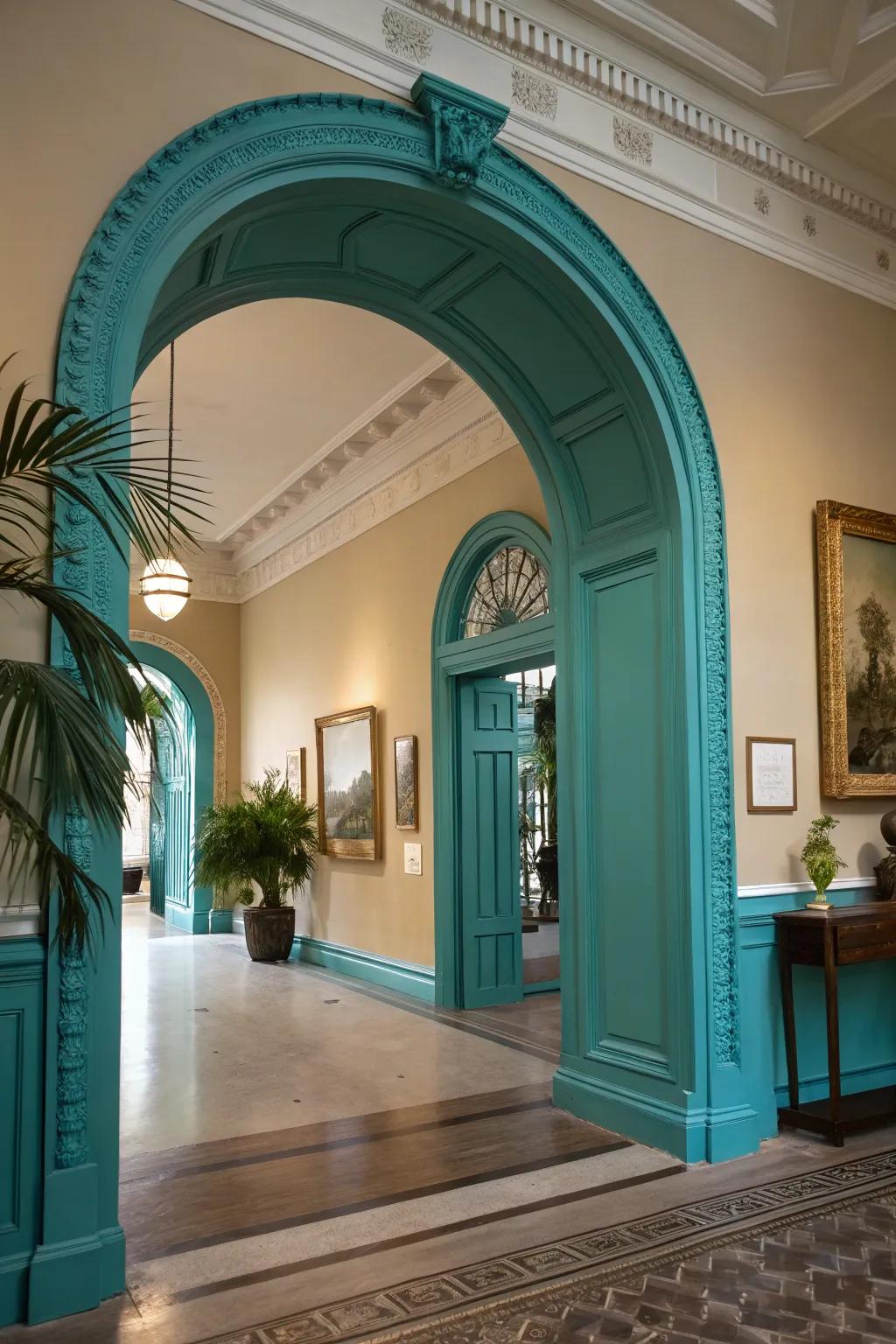 A bold teal archway that stands out as a statement piece in the room.