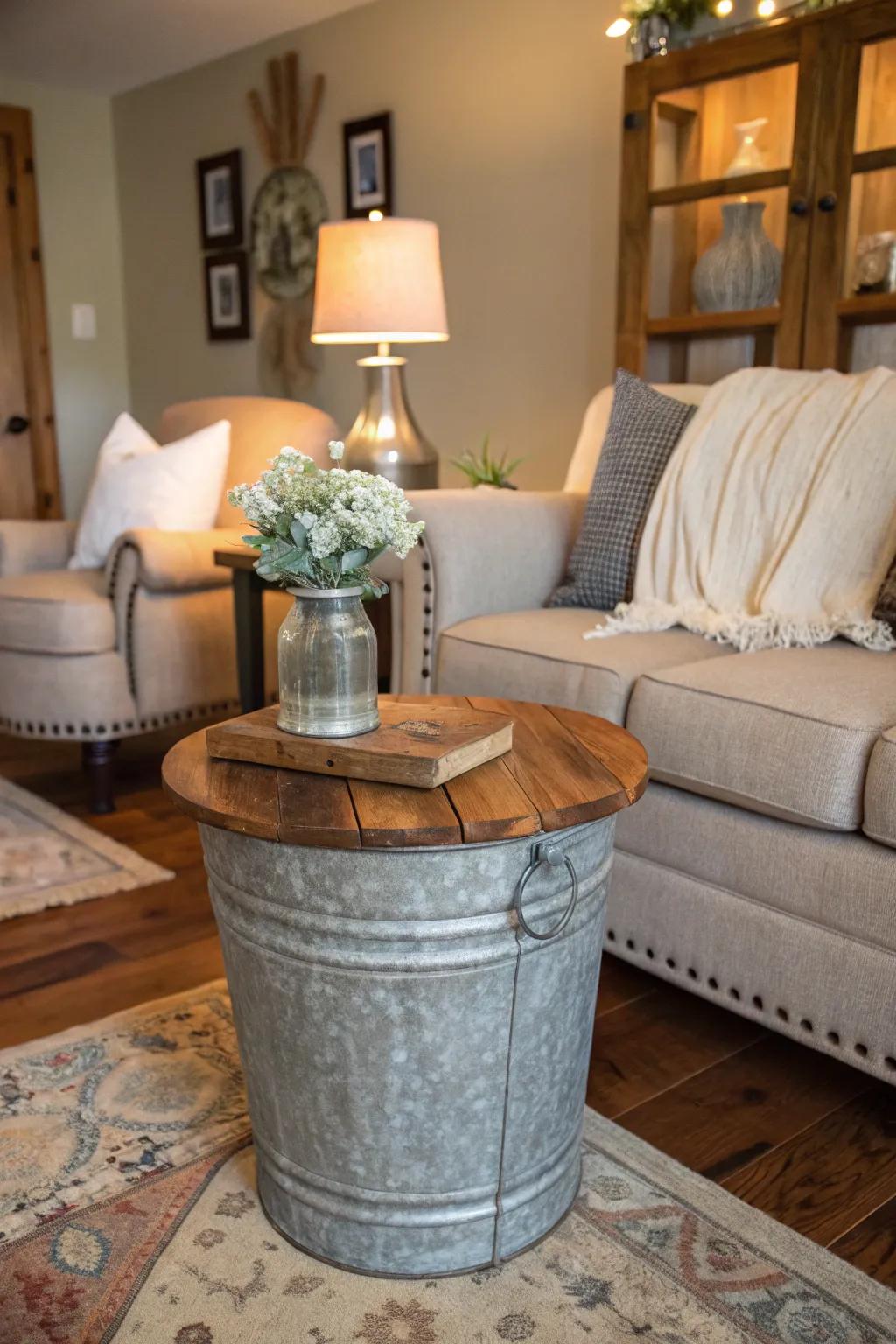 A DIY side table crafted from a galvanized bucket adds character to your space.