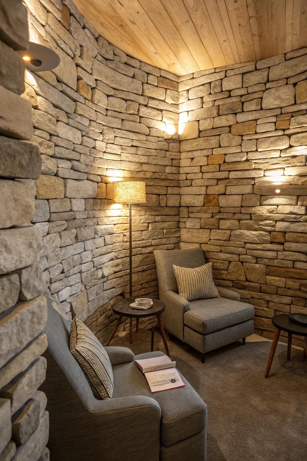 Cozy vibes with a textured stacked stone wall.