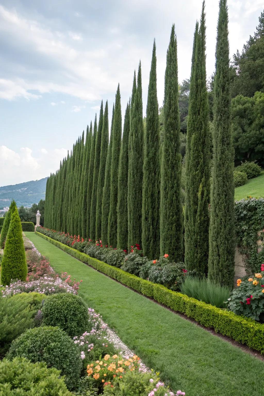 Achieve privacy and elegance with densely planted Italian cypress trees.