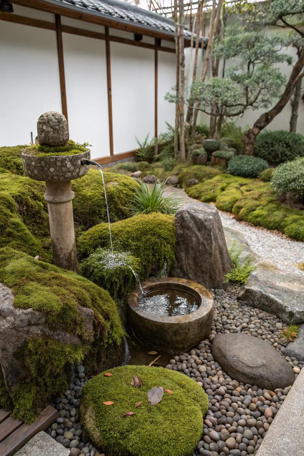 Zen garden featuring a small, serene water fountain.