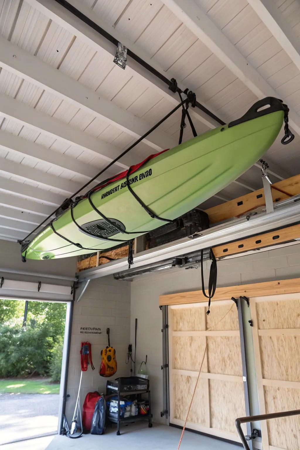 Efficient use of vertical space with a ceiling hoist system for kayak storage.