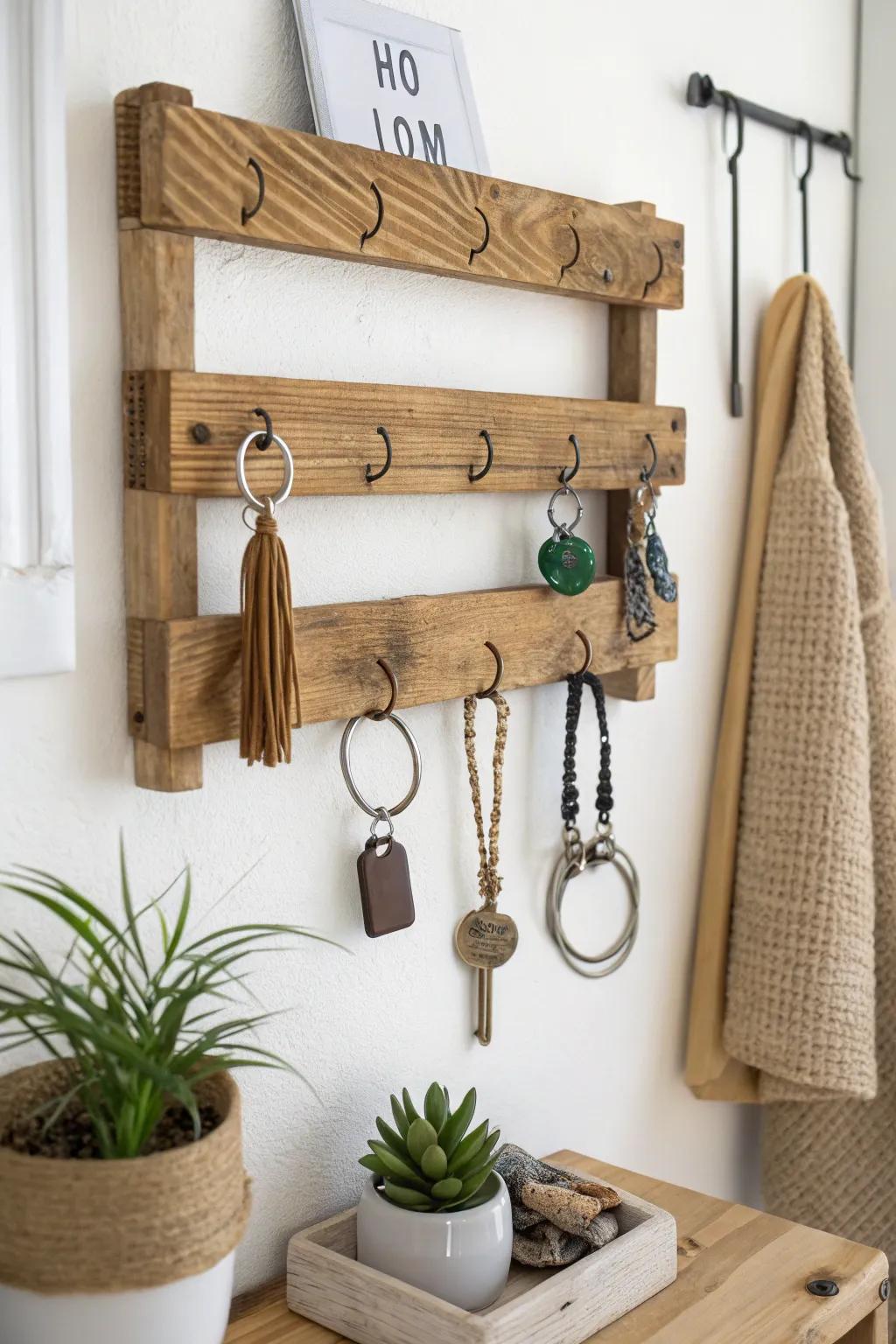 Elevate your space with a rustic wooden rack for a charming keychain display.