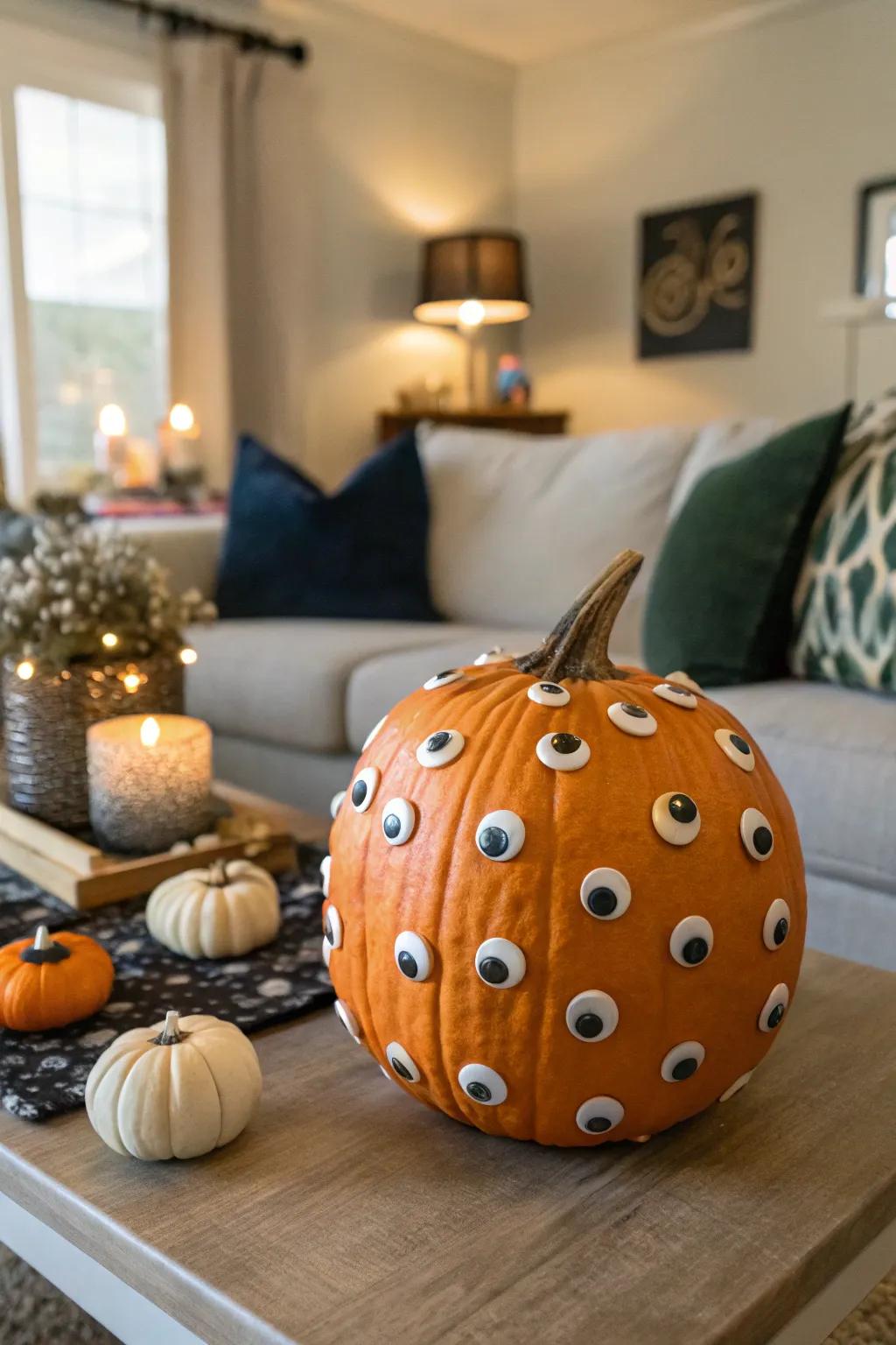 This googly-eyed pumpkin is ready to make you giggle!