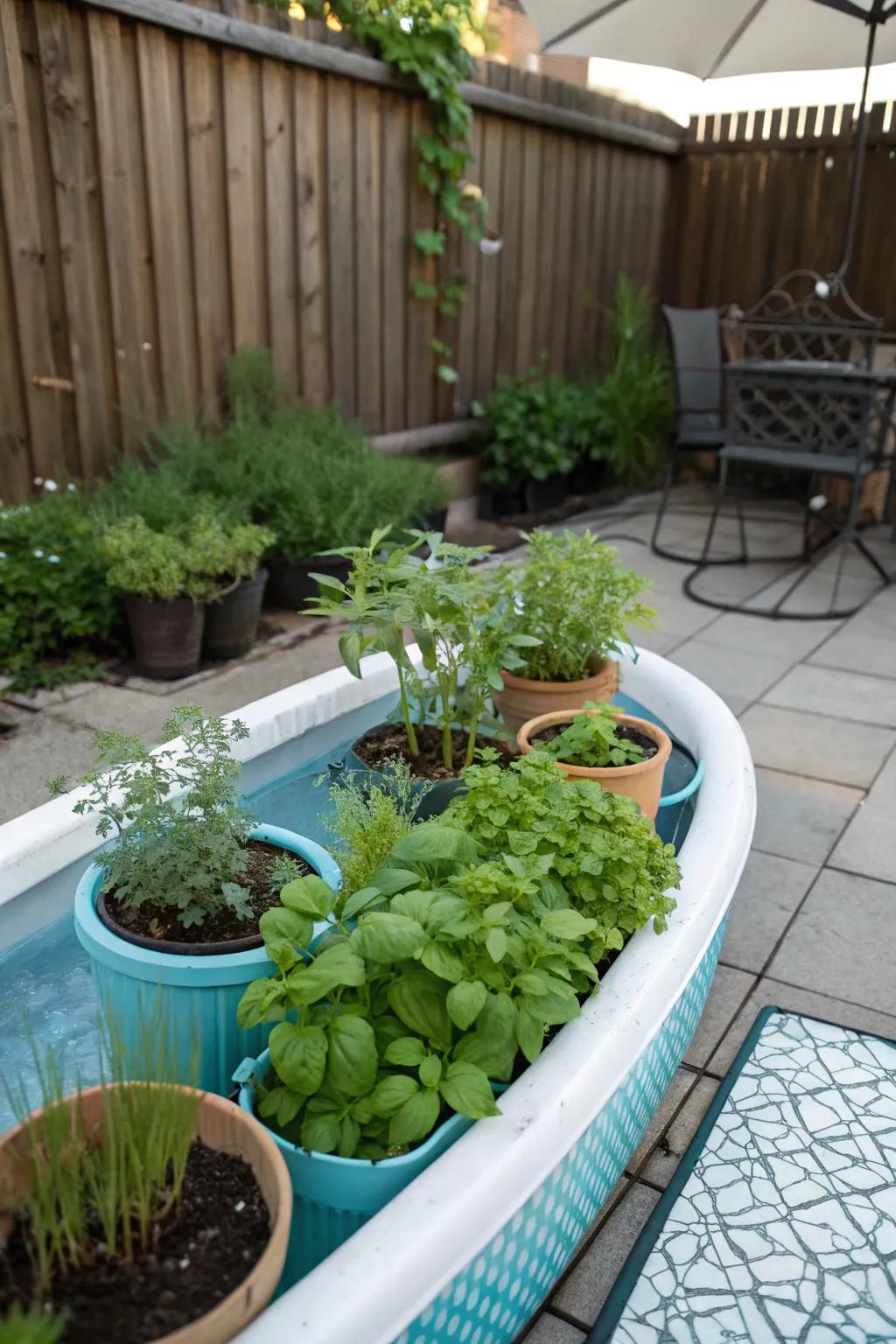 An aromatic herb garden in a kiddie pool for culinary enthusiasts.