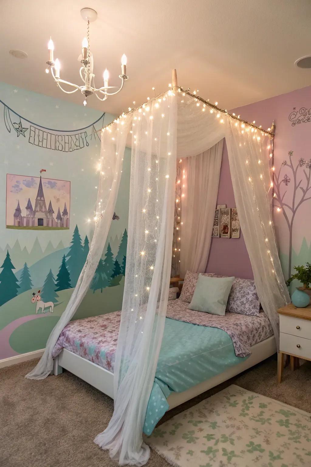 A fairy tale-inspired bedroom with a dreamy canopy bed and twinkling fairy lights.