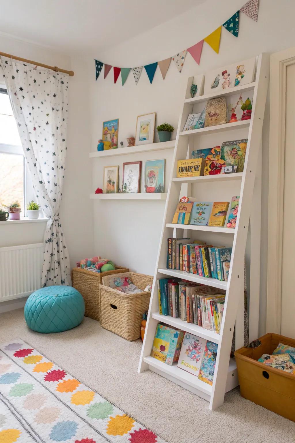 A leaning bookcase that adds height and interest to a room.