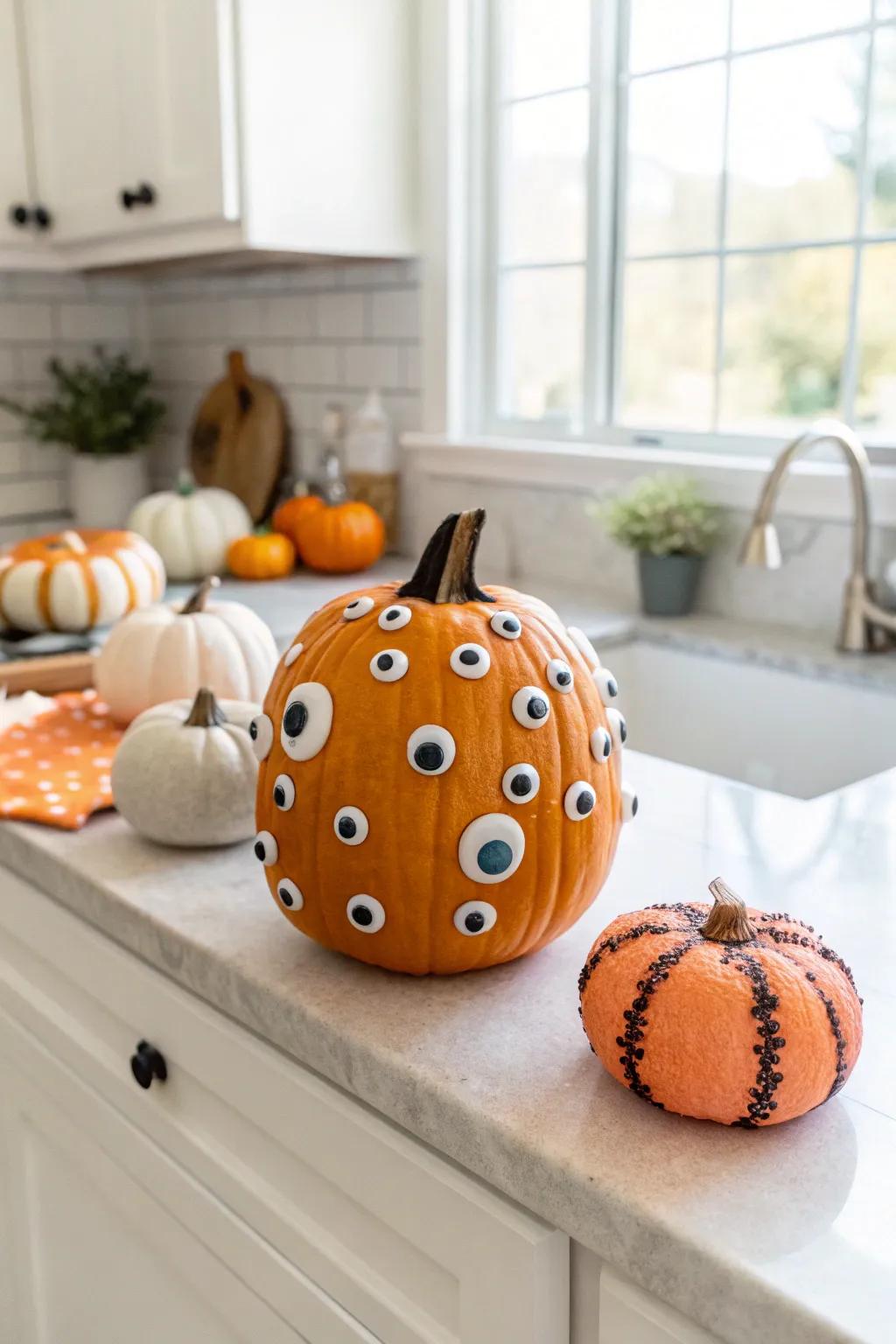 A googly-eyed pumpkin bringing laughter and fun to the kitchen.