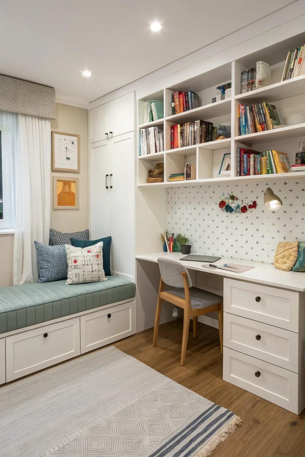 Multi-functional furniture optimizes space in a kids room.