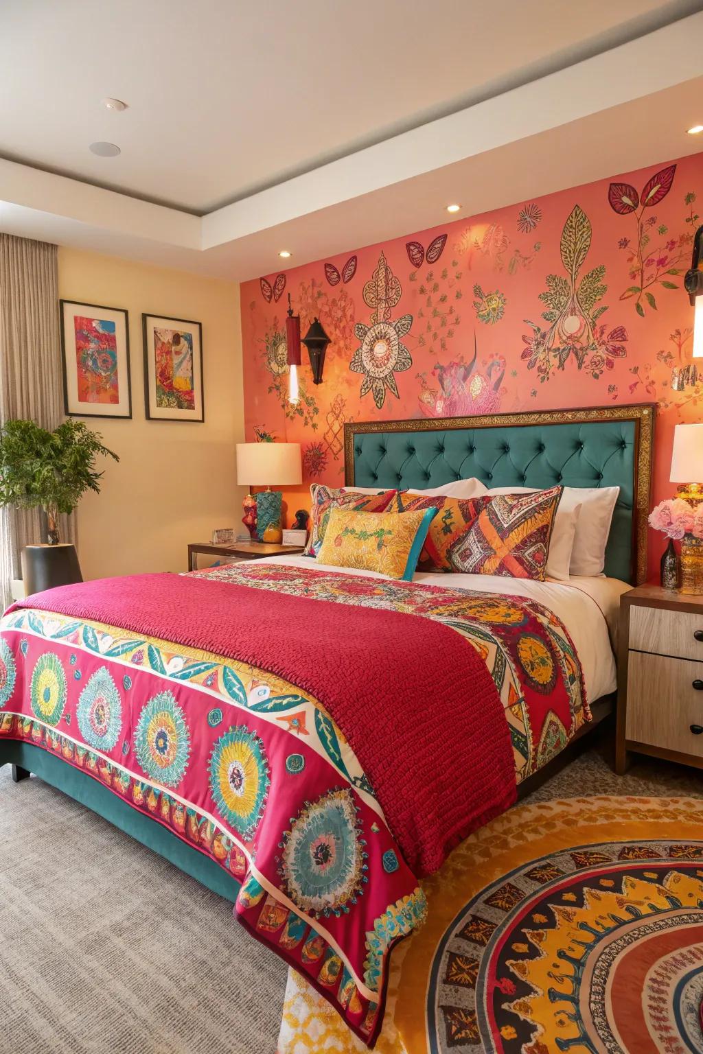 Bold bedding adds a splash of color and personality to this king bed.