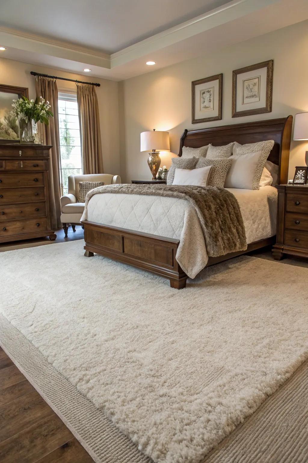 An area rug adds warmth and helps define the sleeping space.