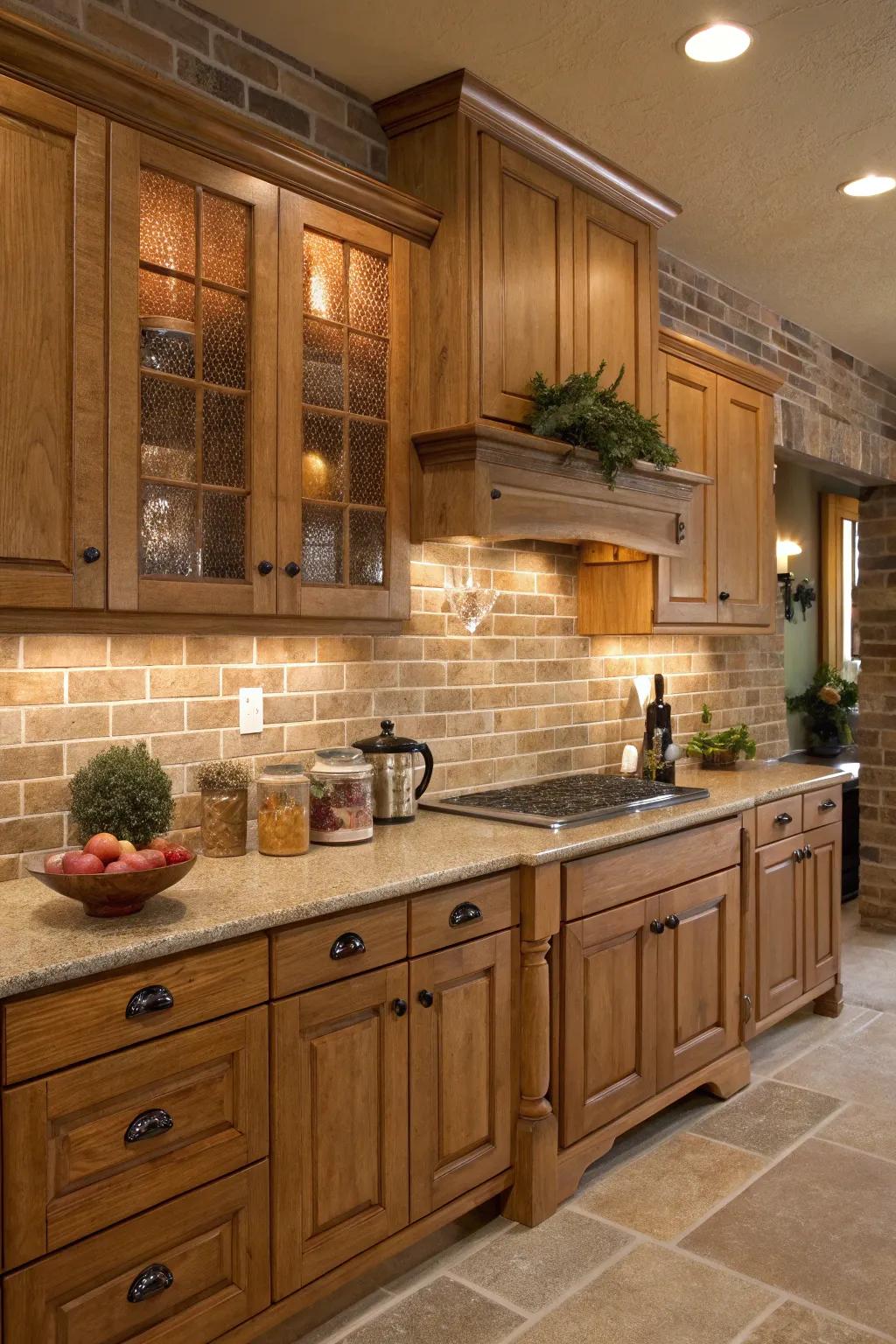 Brick tiles providing a rustic touch to oak cabinets.