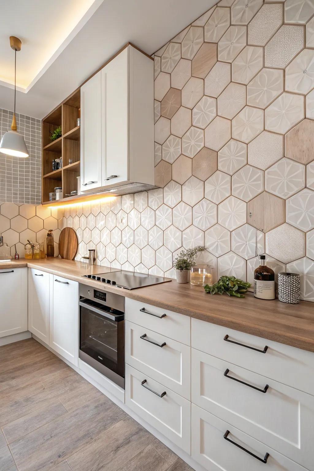 Hexagon tiles offer a chic and contemporary design element.