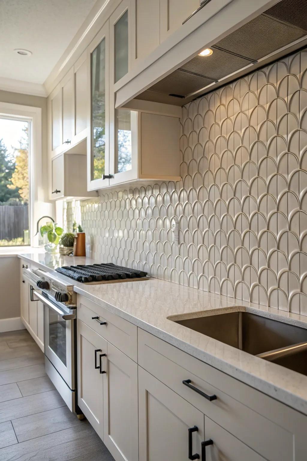 Textured fluted tiles provide depth and visual intrigue.