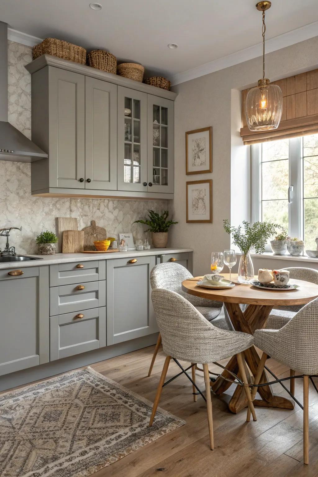 Warm grey cabinets provide a versatile backdrop for any kitchen.