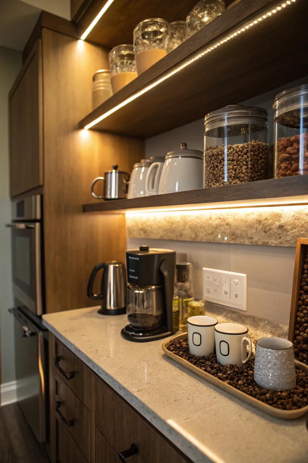 Under shelf lighting creating a cozy atmosphere in a kitchen coffee station.