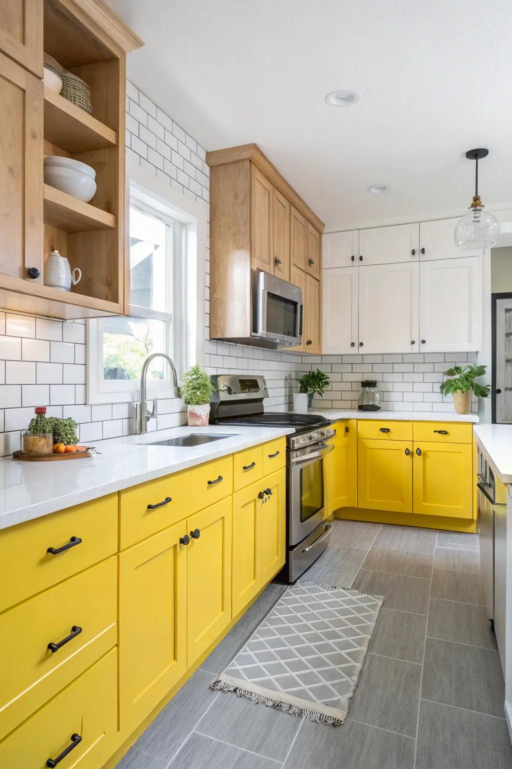 Yellow cabinetry brings warmth and cheer to this cozy kitchen.