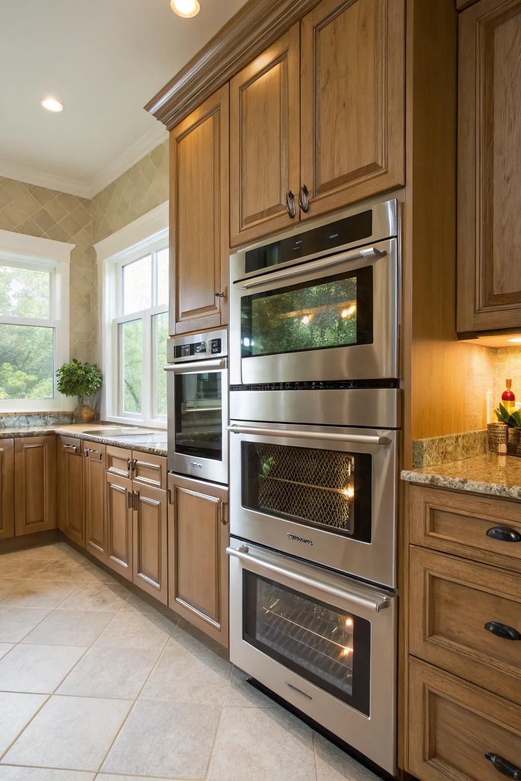 Double ovens adding a unique flair from their angled corner placement.