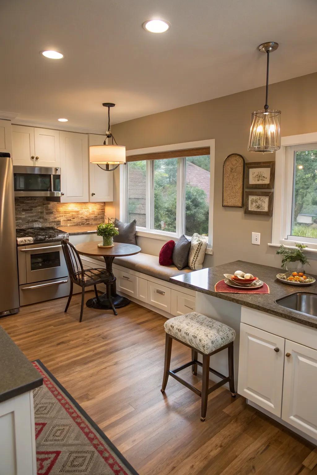 An L-shaped kitchen adapts to include a cozy breakfast nook.