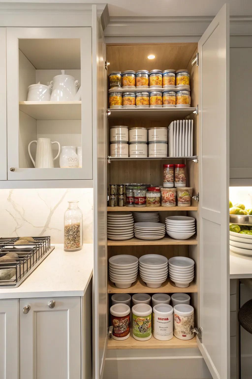 Cabinet risers effectively double storage space for cans and dishware.