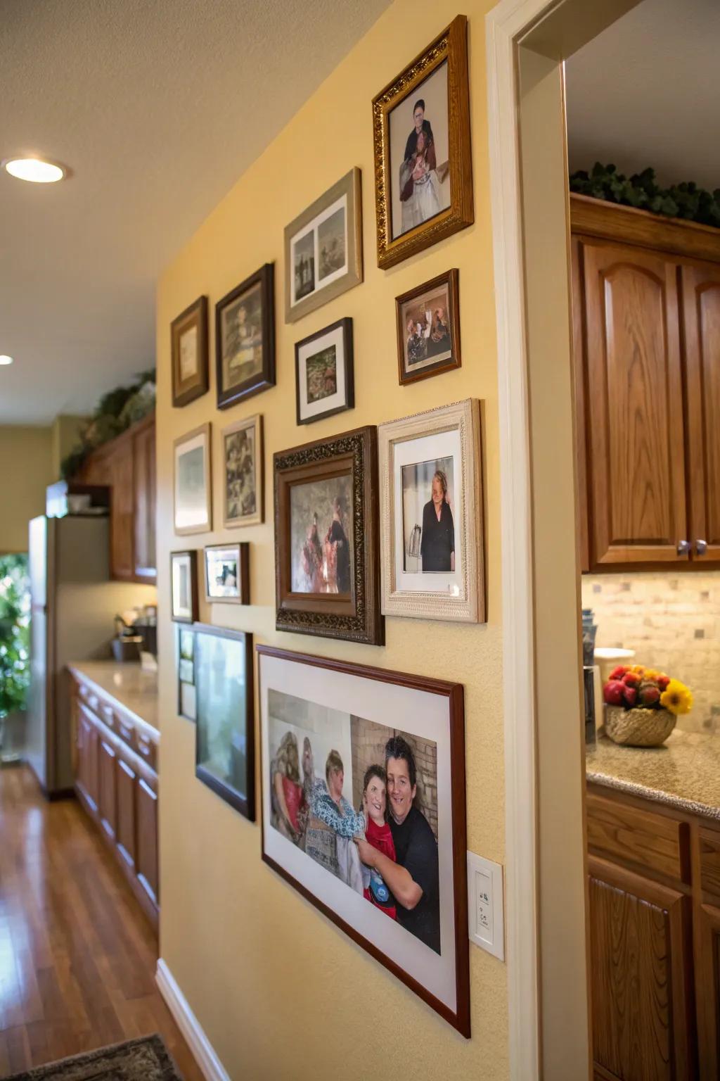 A family photo wall adds a personal touch to the kitchen.