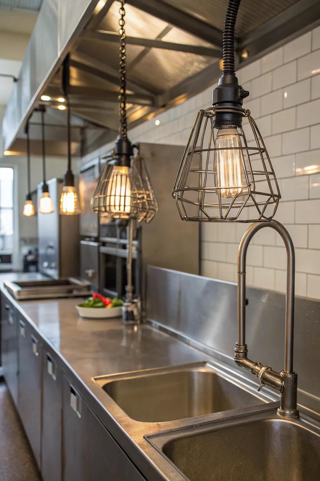 Industrial cage sconces add an urban edge to any kitchen.