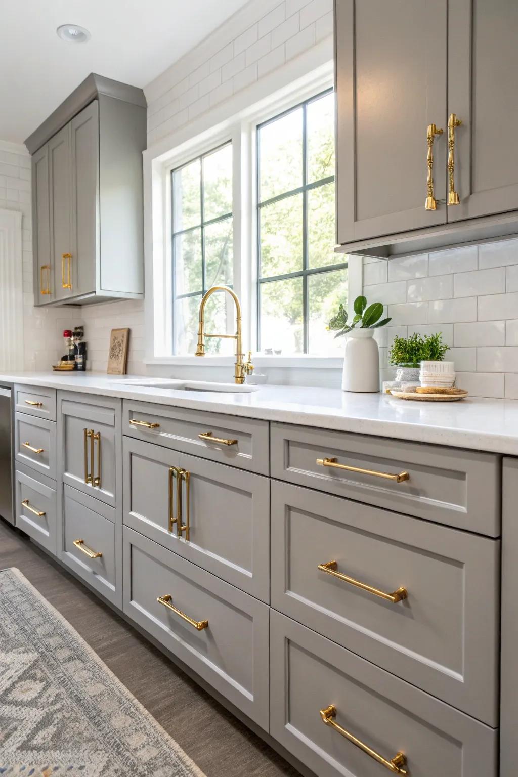 Soft gray cabinets with gold hardware offer a sophisticated and versatile kitchen design.