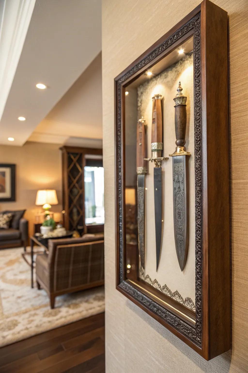 A shadow box display turns knives into captivating art.