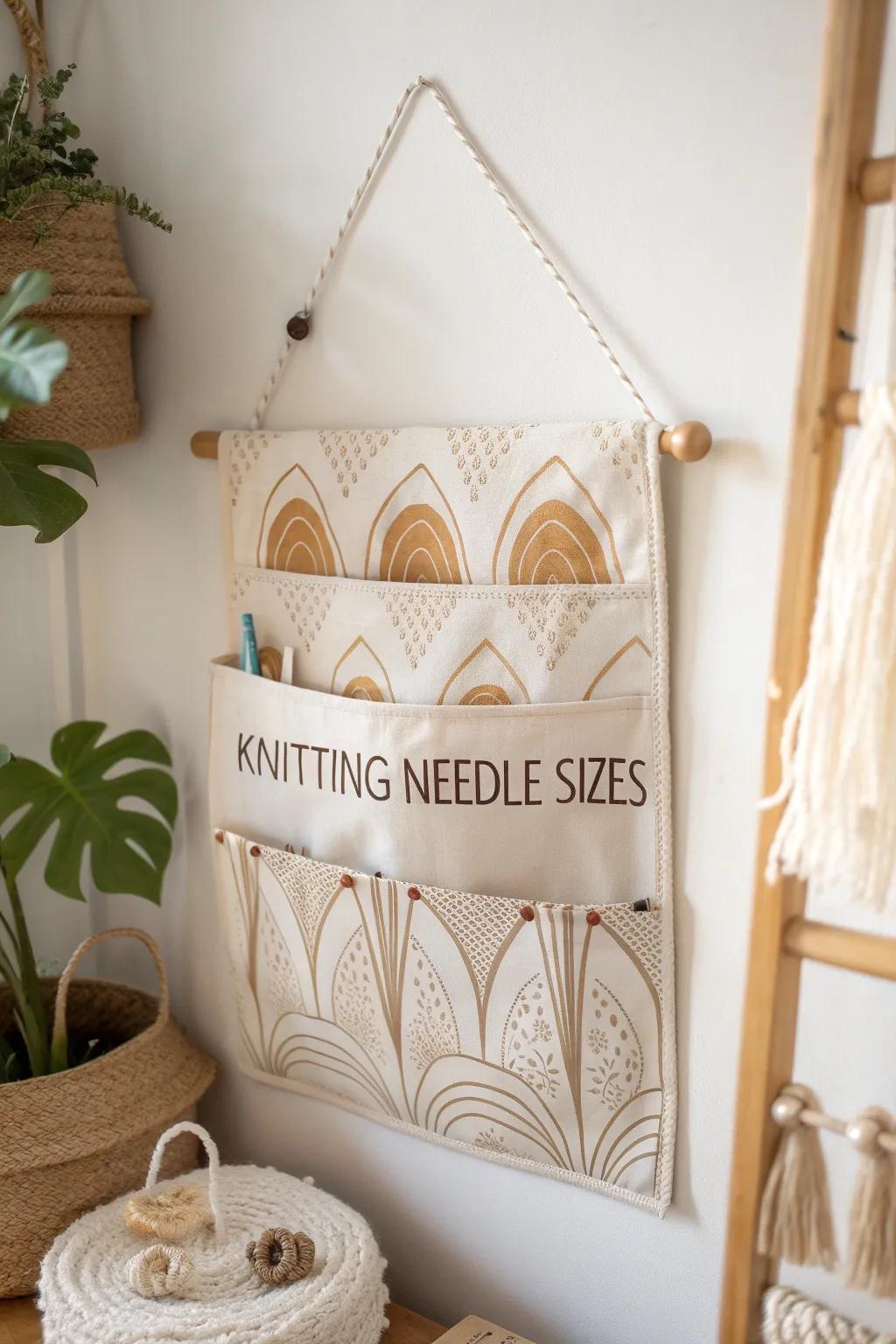 Elevate your knitting space with this charming hanging fabric organizer, where simplicity meets craftsmanship.