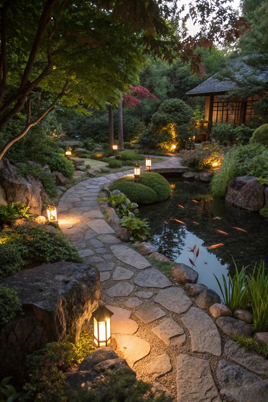 Pathway lights elegantly highlight the perimeter of a koi pond.