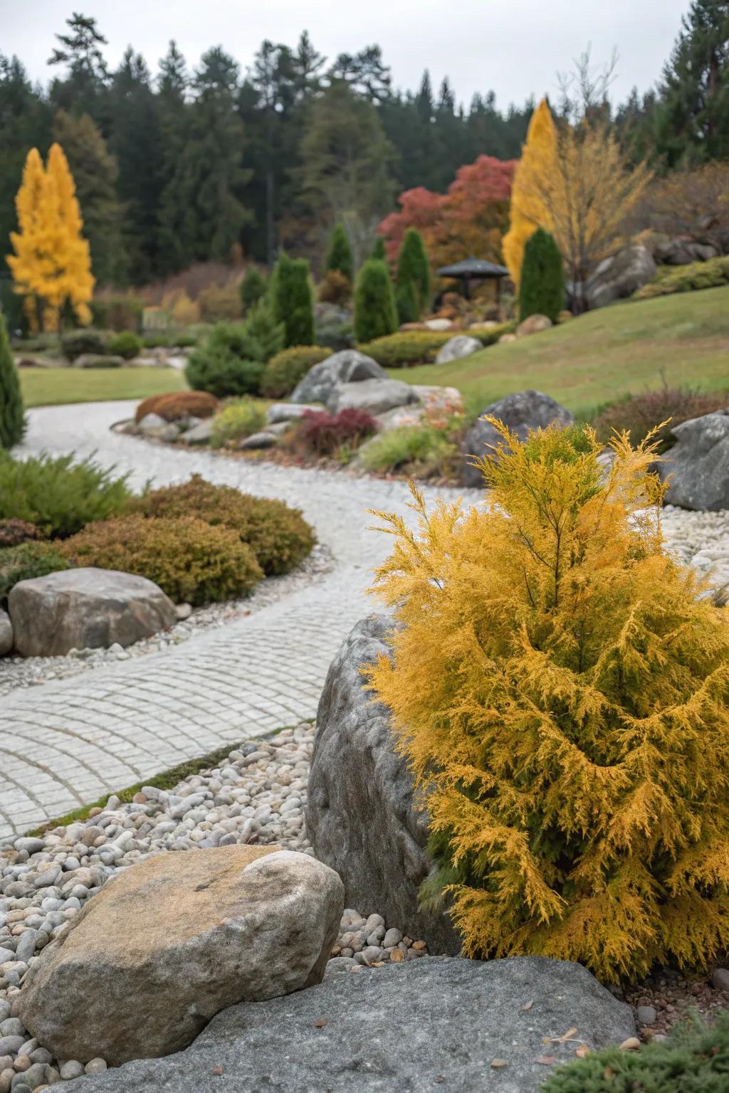 Golden Globe Arborvitae adding vibrant color to a rock garden.