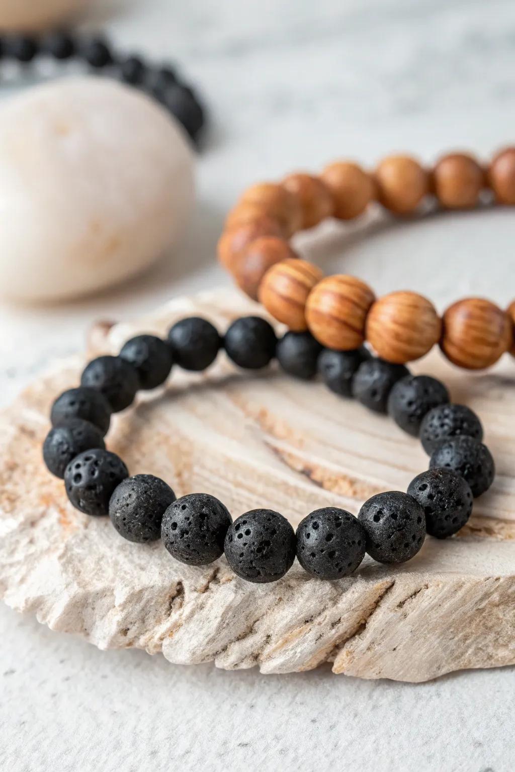 Embrace nature's elegance with this lava and wood bead bracelet, a perfect blend of rugged texture and warm simplicity.