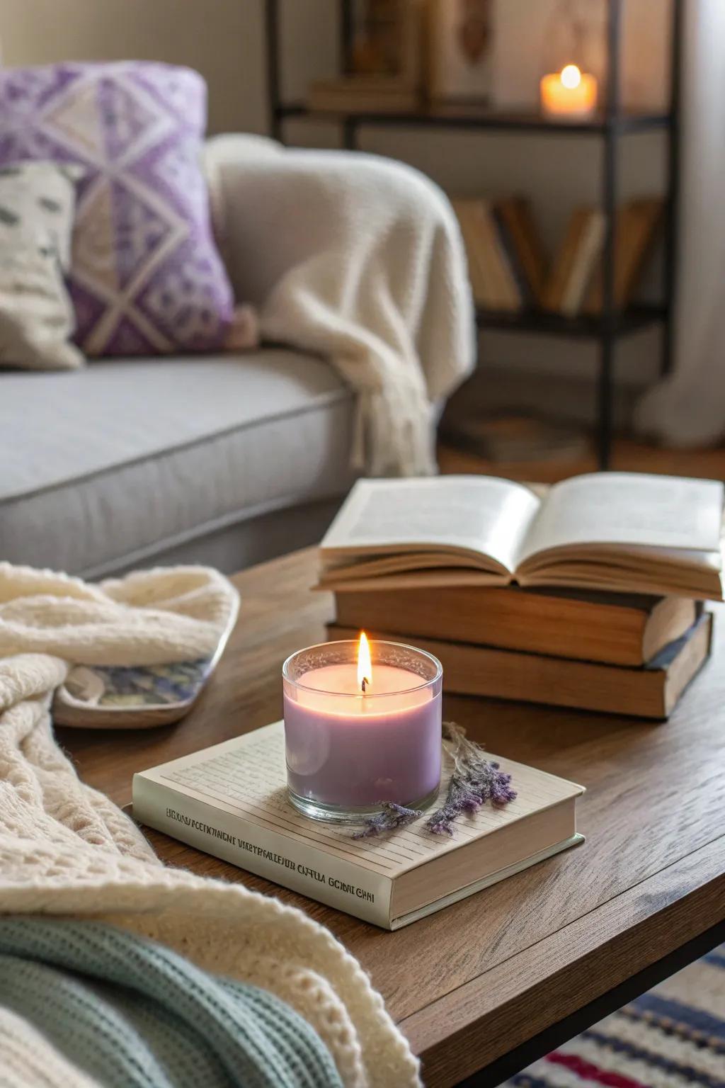 Lavender candles create a serene ambiance.