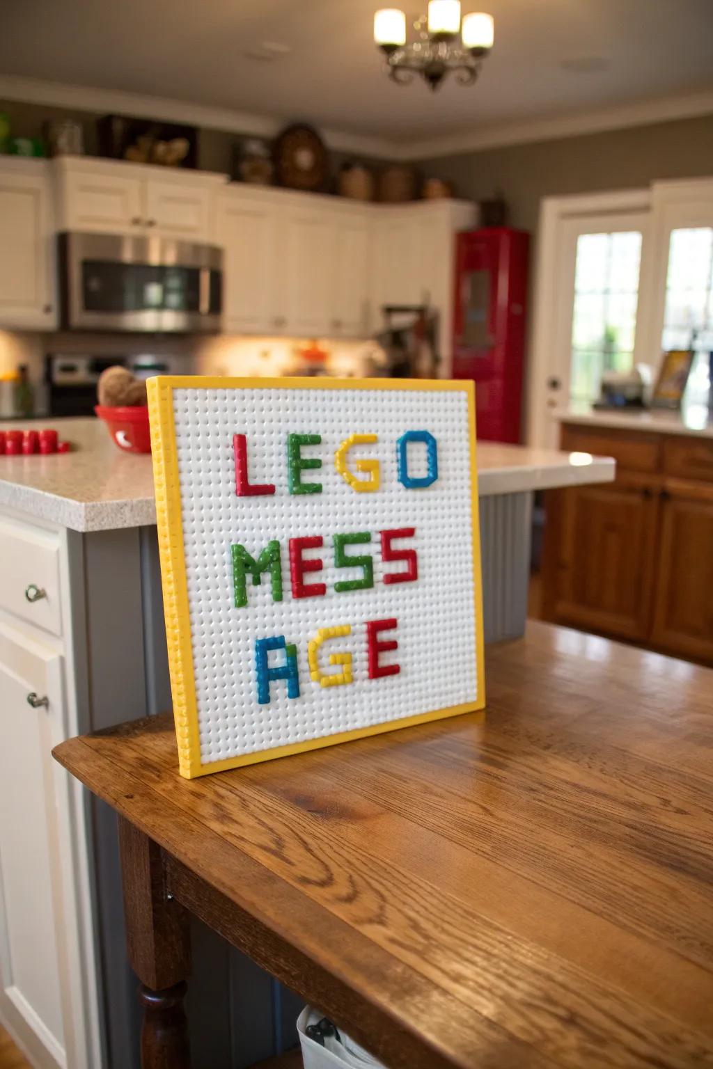 A LEGO message board adds a playful touch to this kitchen.