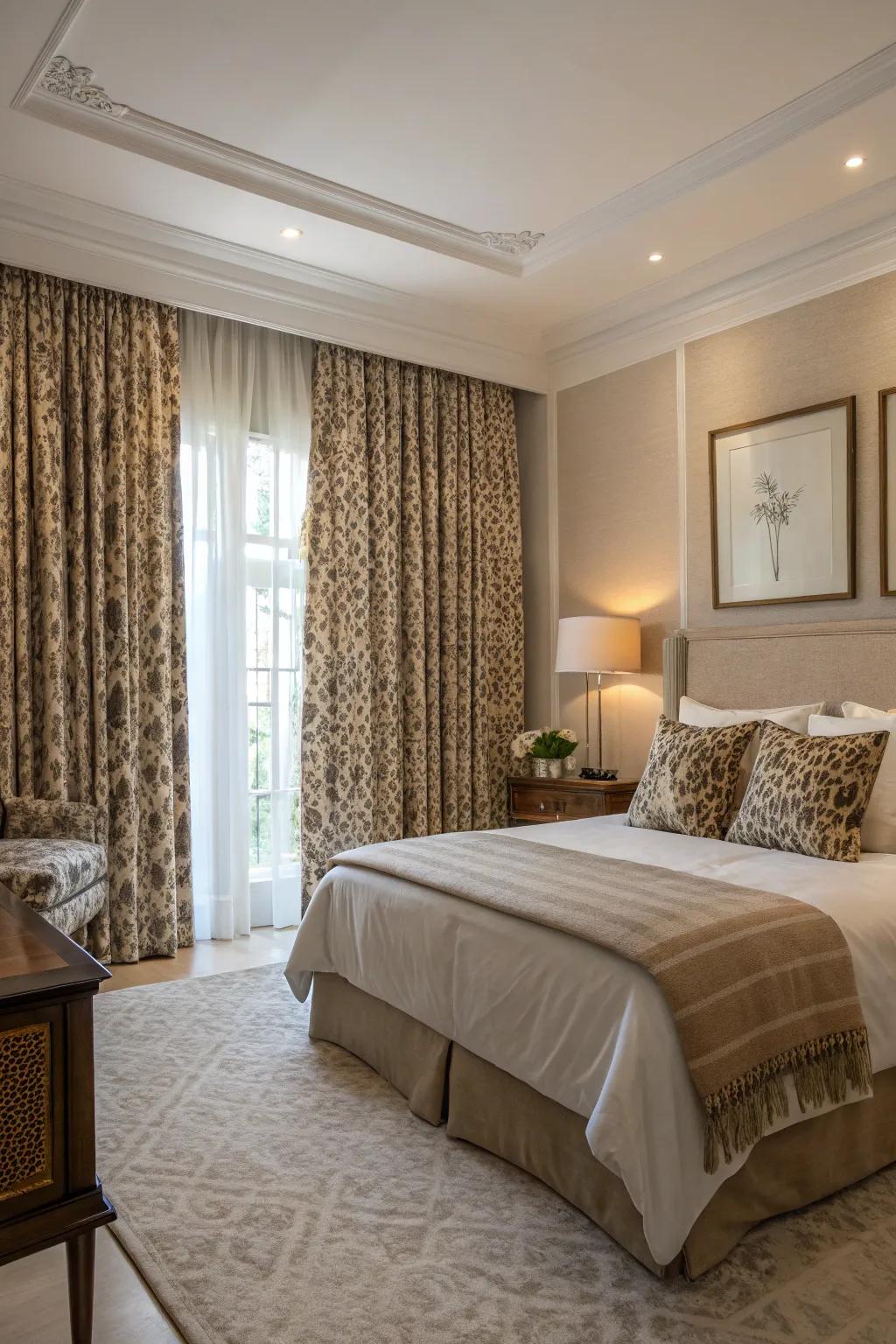 Leopard print curtains can enhance the elegance of a bedroom with their subtle charm.