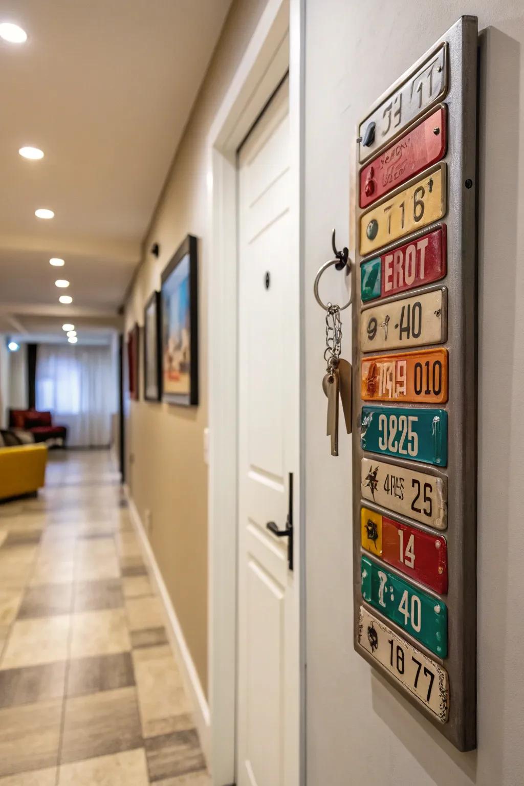 A stylish and functional key holder made from a vintage license plate.