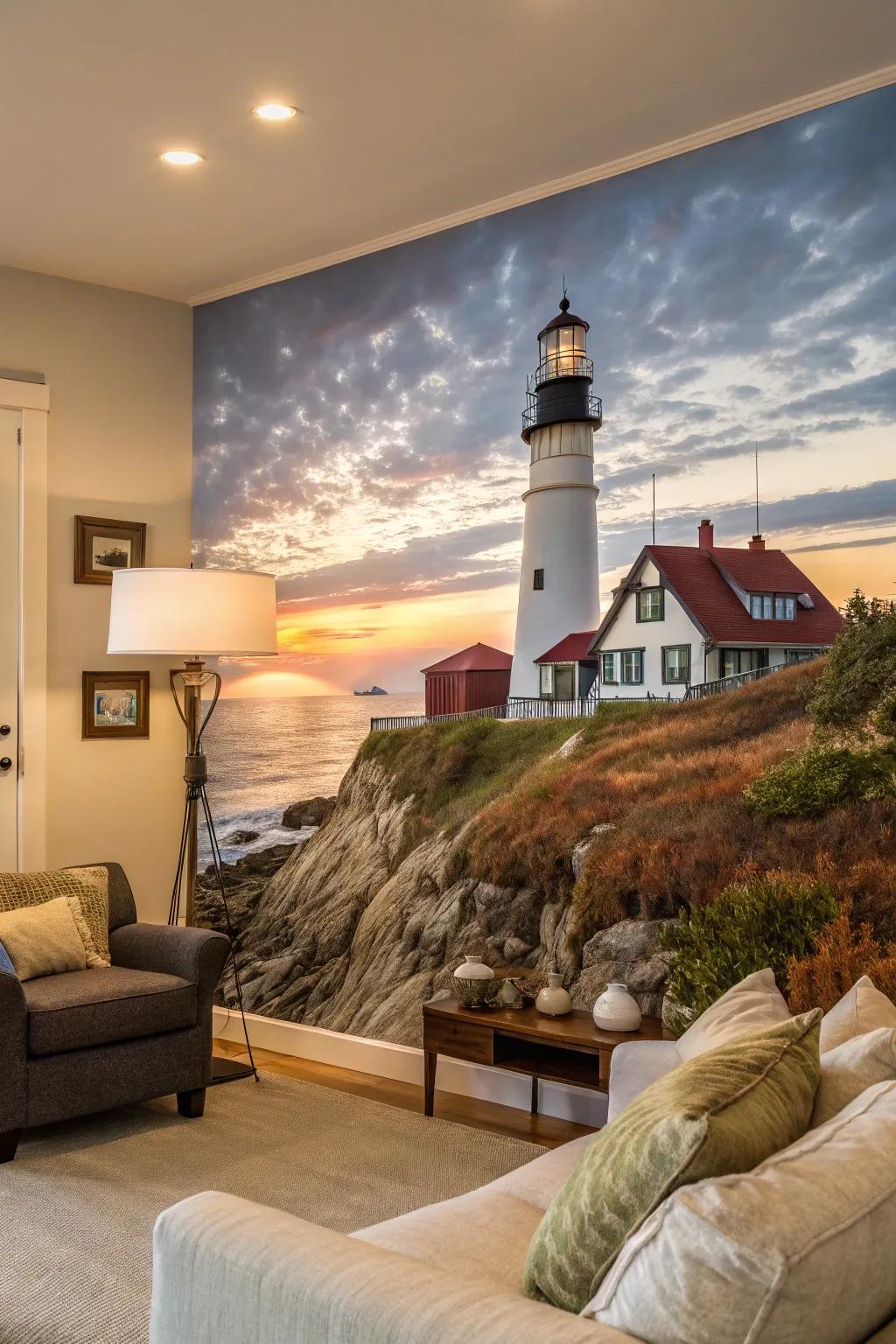 A lighthouse mural transforms any wall into a coastal view