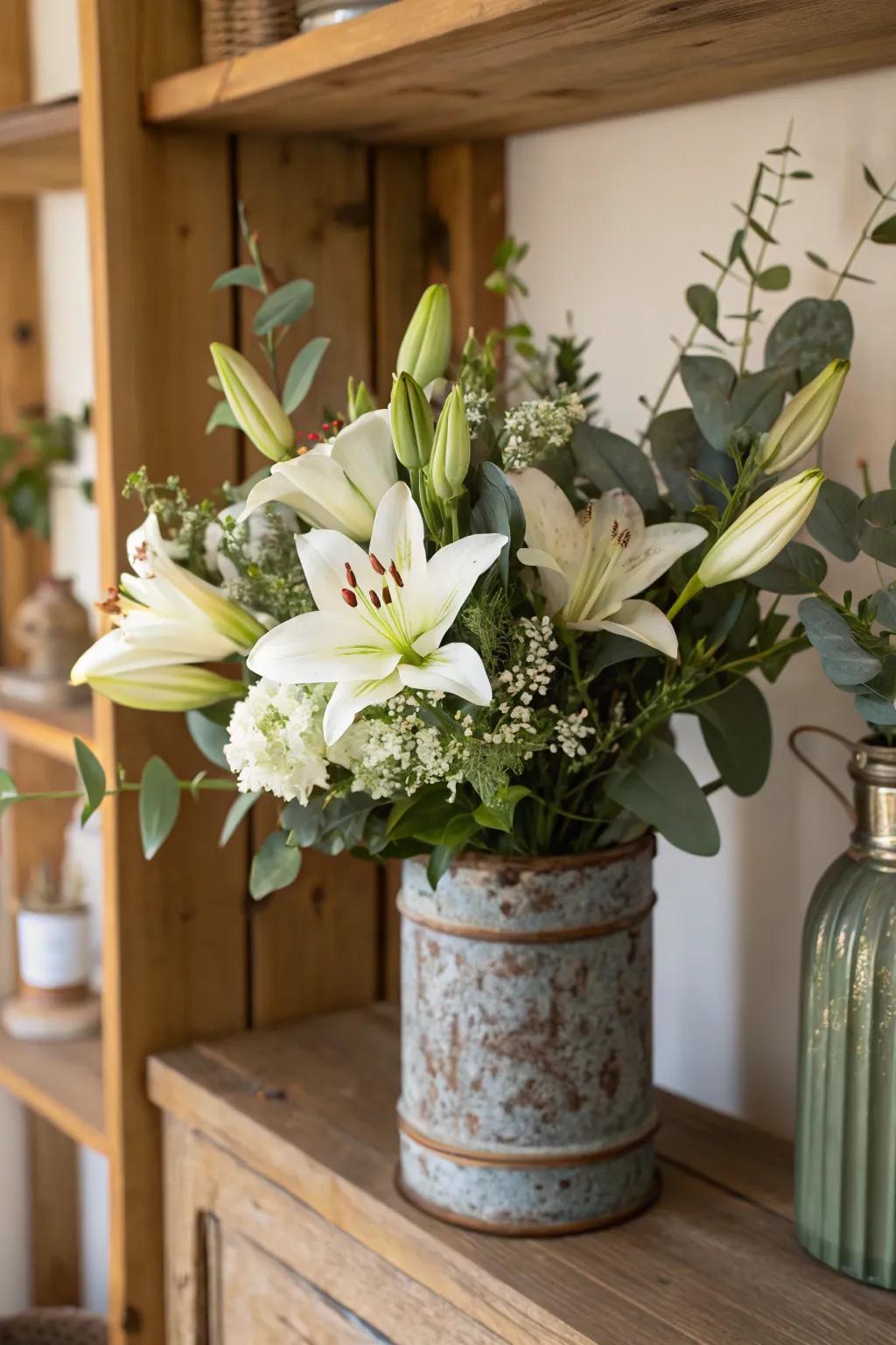 Rustic charm with lilies and eucalyptus in a vintage container.