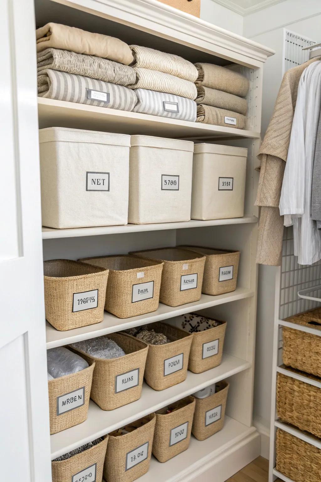 Sturdy storage bins stacked neatly for a tidy appearance.