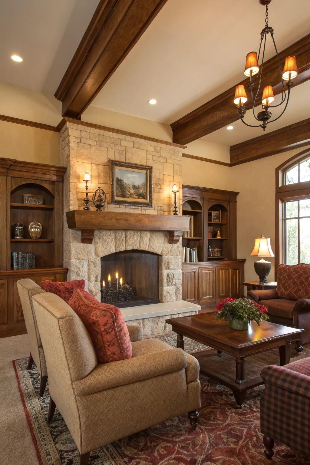 An elegant living room featuring an oak live edge mantel with classic decor elements.