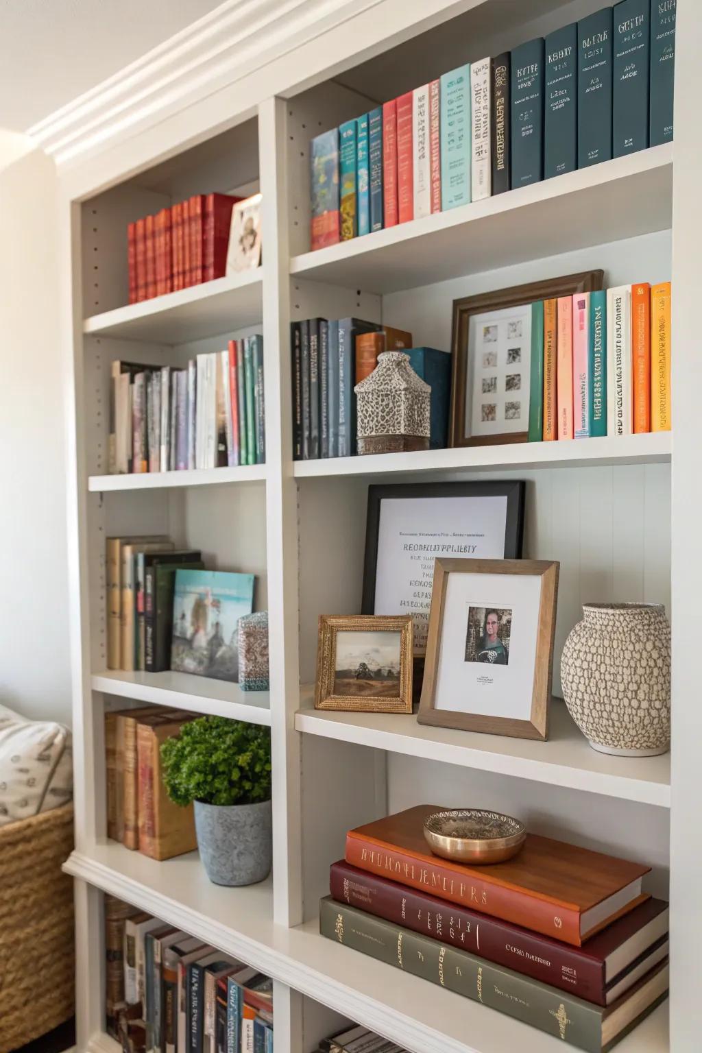 Height variation adds depth and dimension to bookshelf styling.