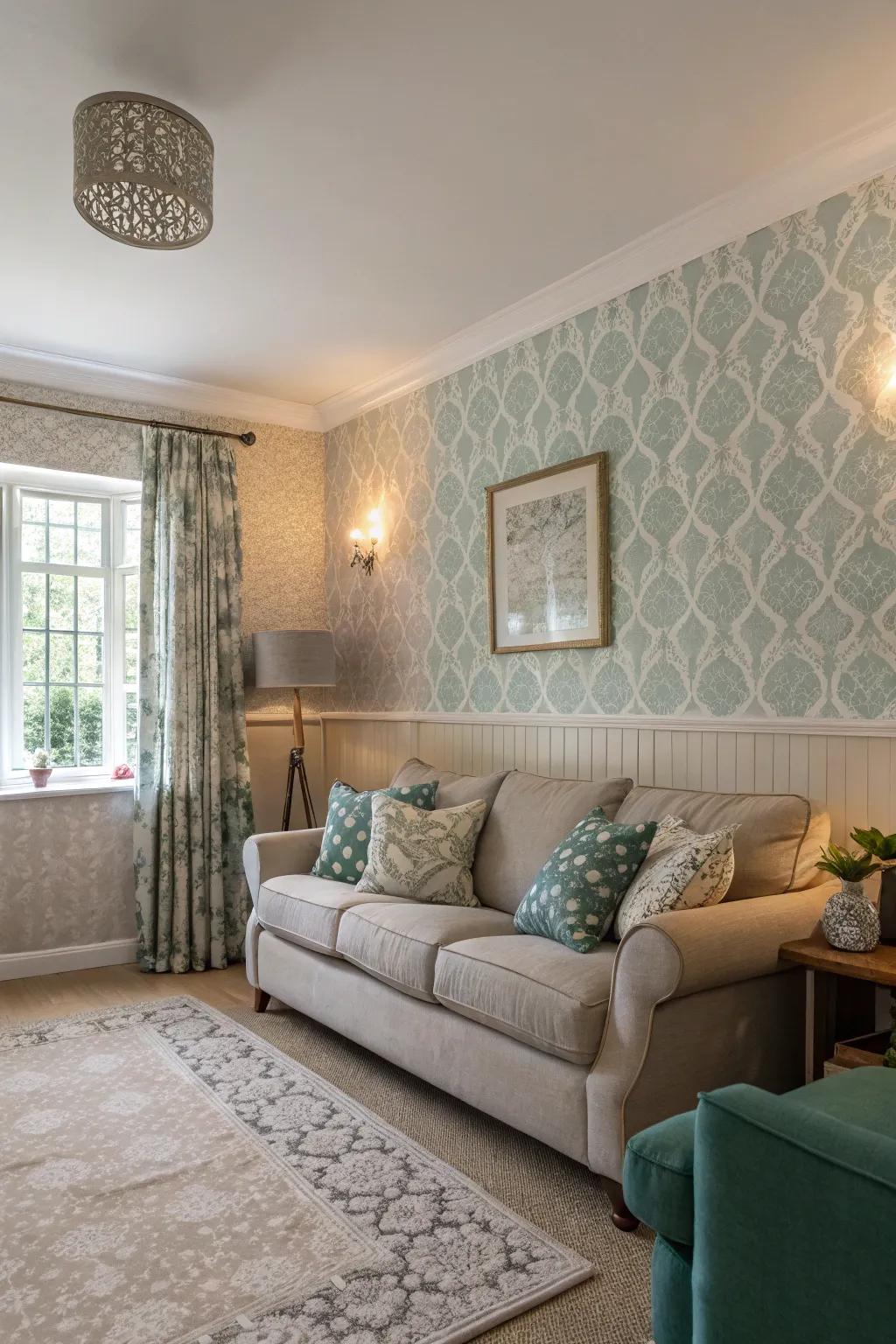 A living room enriched with partial wallpapering to enhance depth and intimacy.