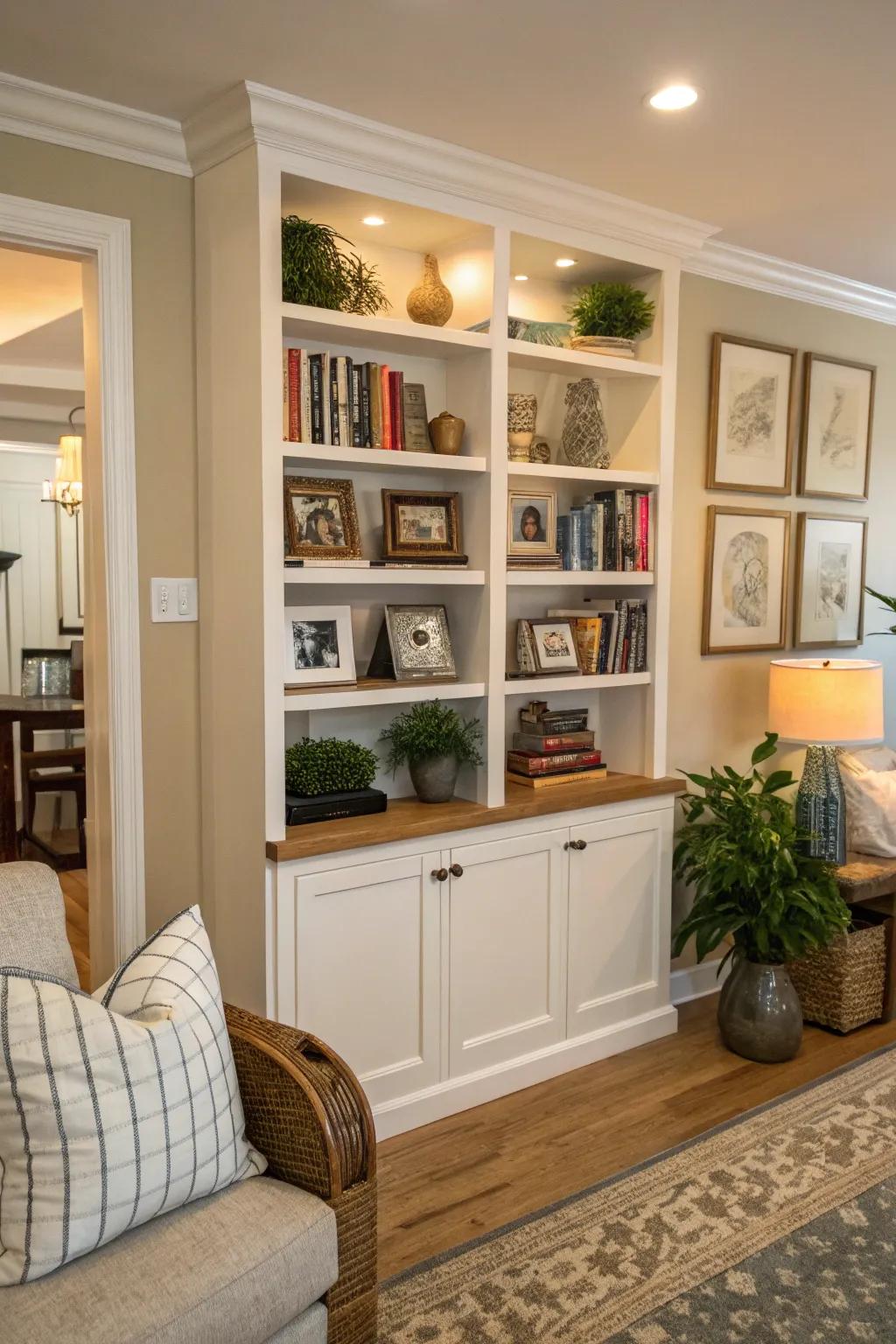 Functional and stylish built-in shelves for a personalized nook.