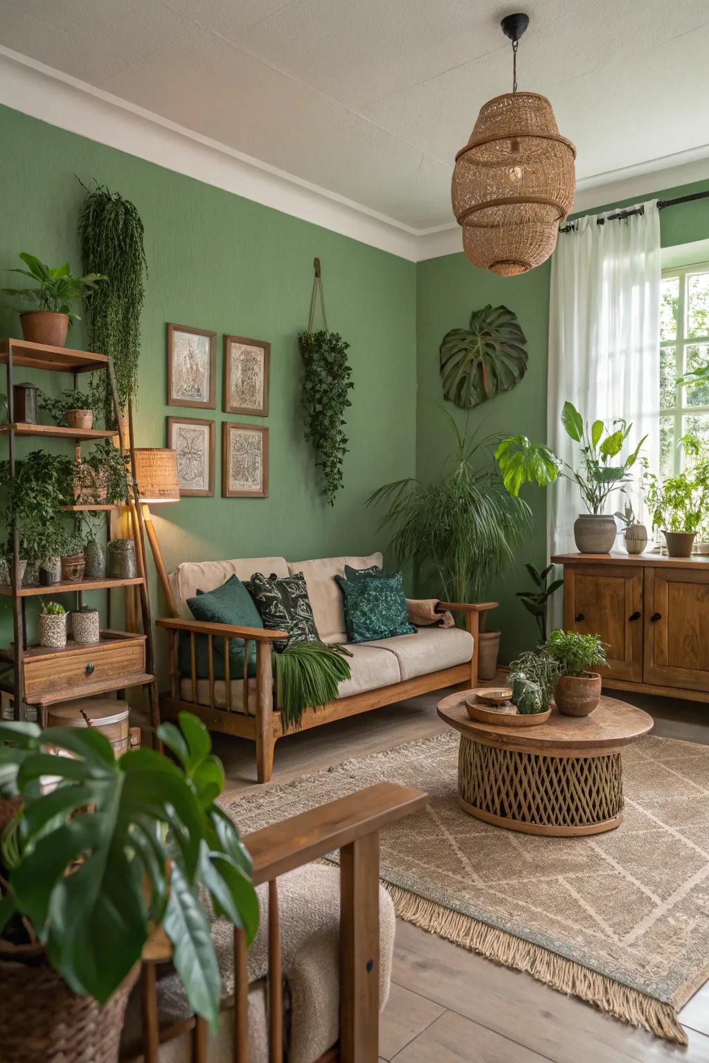 Earthy greens create a calming and natural vibe in your living room.