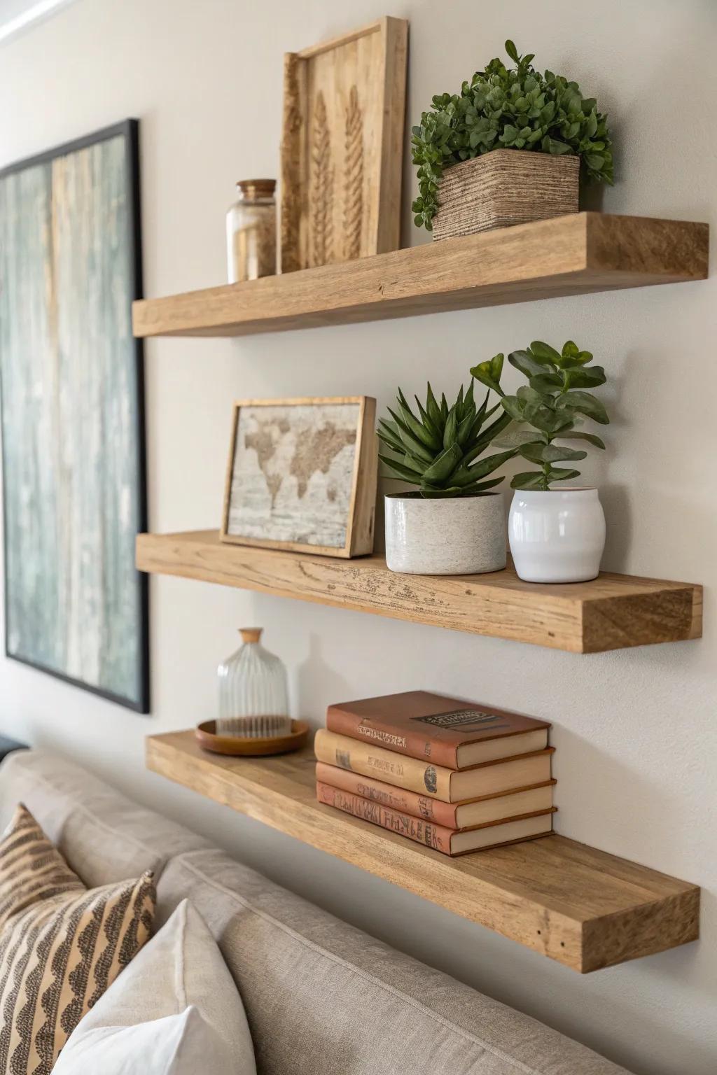 Elevate your living space with minimalist floating shelves – perfect for showcasing your favorite books, plants, and art pieces.